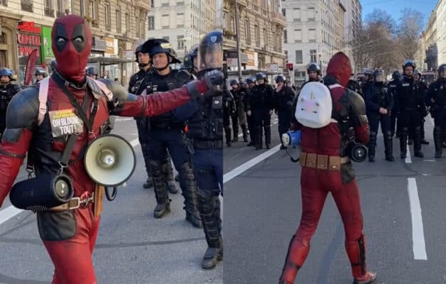 Un homme déguisé en Deadpool défie les CRS en pleine manifestation